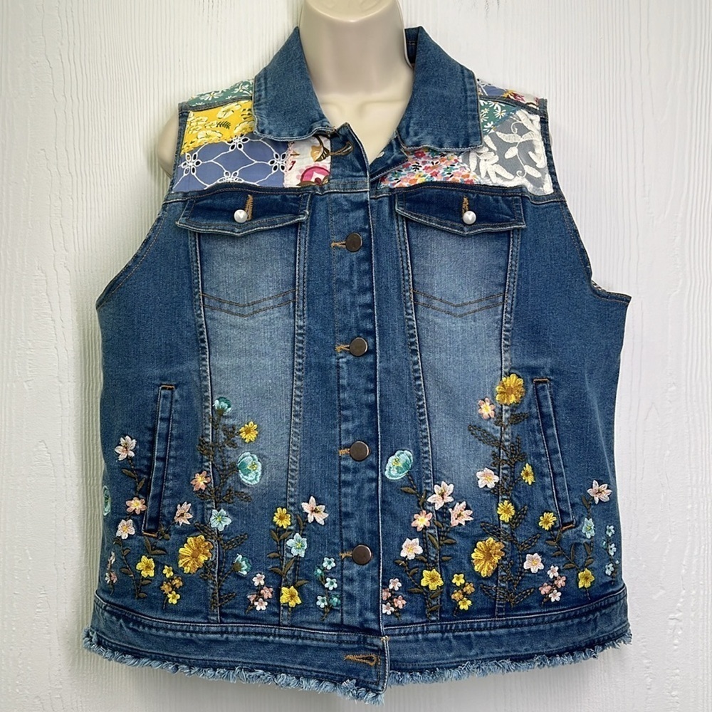 John Mark - Patch Print And Embroidered Floral Sleeveless Denim Button Up Vest L - Picture 2 of 13